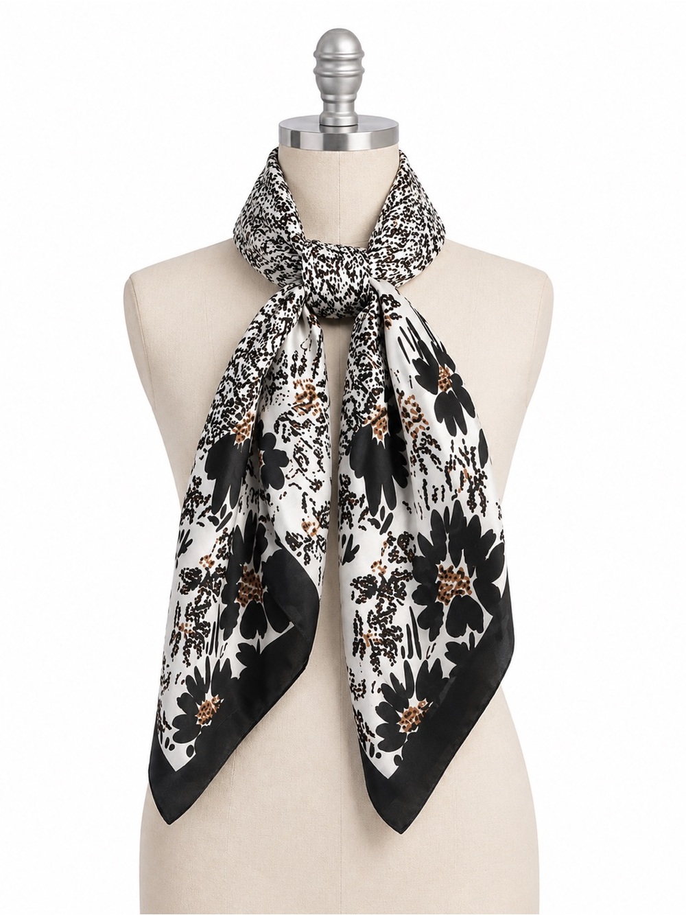 Black & White Floral Satin Scarf with Tan Accents (Cross Posted)